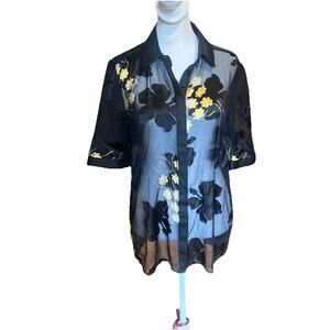 Reiss Giuliana Black Gold Sheer Floral Burnout Short Sleeve Shirt Blouse 6 M